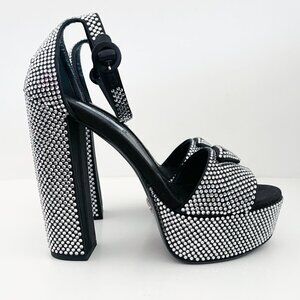 Prada Embellished Satin Platform Sandals with Crystals Logo 38.5